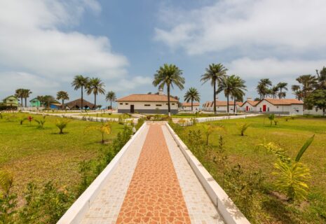 A beautiful pavement and the houses surrounded by grassy fields captured in Gambia, Africa