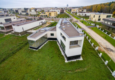 Modern country houses under construction as seen from air